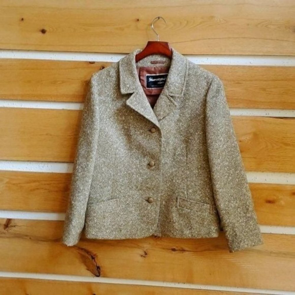 Sharovogue‎ Export Ireland Vintage Lined Button Cream Tweed Harper's Sz L Blazer